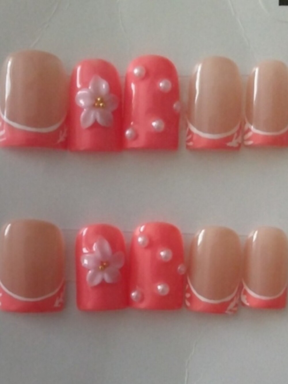 Baby Ducks Bright Coral Floral Pearl Size Large Press-On Nails 💅